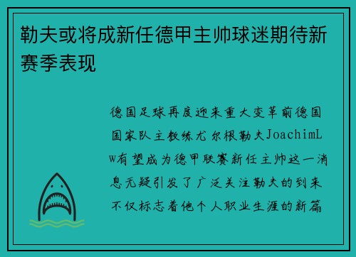 勒夫或将成新任德甲主帅球迷期待新赛季表现