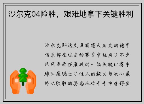 沙尔克04险胜，艰难地拿下关键胜利