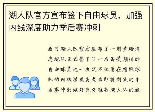 湖人队官方宣布签下自由球员，加强内线深度助力季后赛冲刺