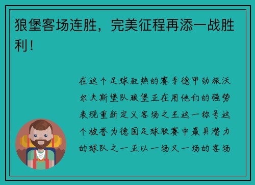狼堡客场连胜，完美征程再添一战胜利！