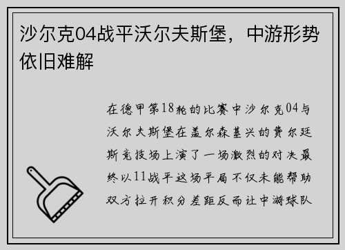 沙尔克04战平沃尔夫斯堡，中游形势依旧难解