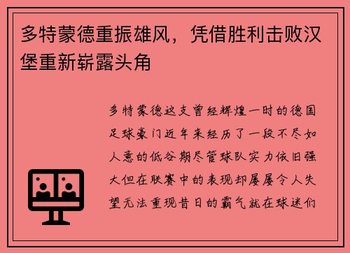 多特蒙德重振雄风，凭借胜利击败汉堡重新崭露头角