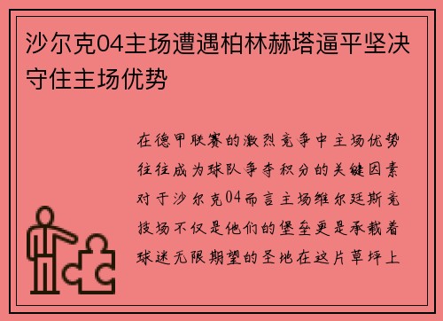 沙尔克04主场遭遇柏林赫塔逼平坚决守住主场优势