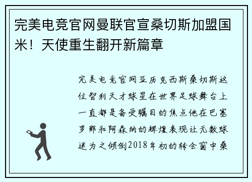 完美电竞官网曼联官宣桑切斯加盟国米！天使重生翻开新篇章