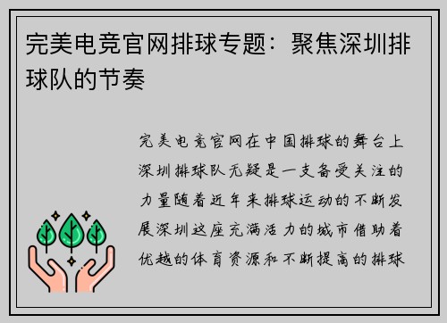 完美电竞官网排球专题：聚焦深圳排球队的节奏