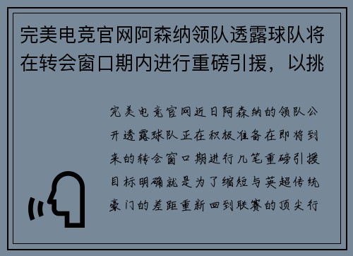 完美电竞官网阿森纳领队透露球队将在转会窗口期内进行重磅引援，以挑战英超豪门