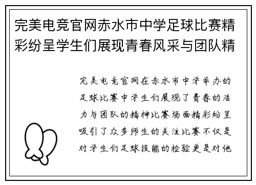 完美电竞官网赤水市中学足球比赛精彩纷呈学生们展现青春风采与团队精神