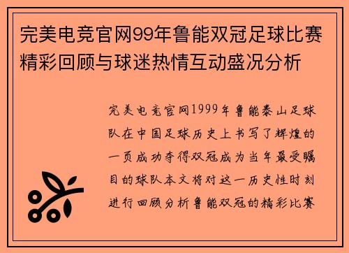 完美电竞官网99年鲁能双冠足球比赛精彩回顾与球迷热情互动盛况分析