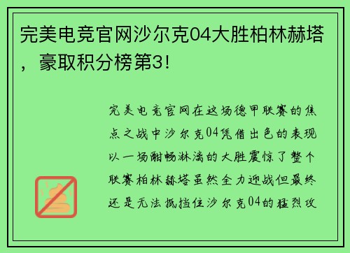 完美电竞官网沙尔克04大胜柏林赫塔，豪取积分榜第3！