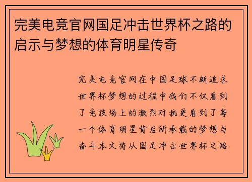 完美电竞官网国足冲击世界杯之路的启示与梦想的体育明星传奇