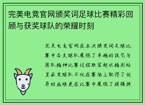 完美电竞官网颁奖词足球比赛精彩回顾与获奖球队的荣耀时刻